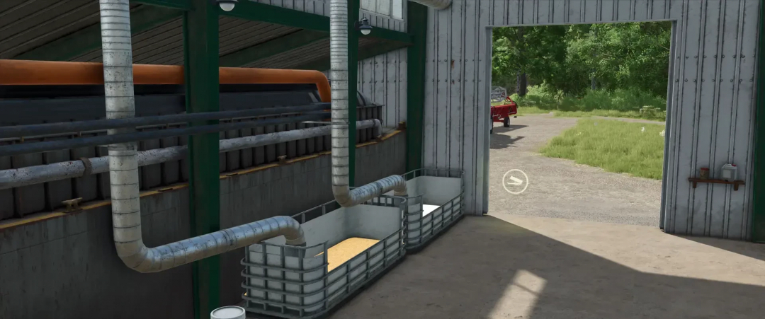 FS25 mod Agri Tech Production v1.0.0.0 image showing pipes and storage bins in a facility.