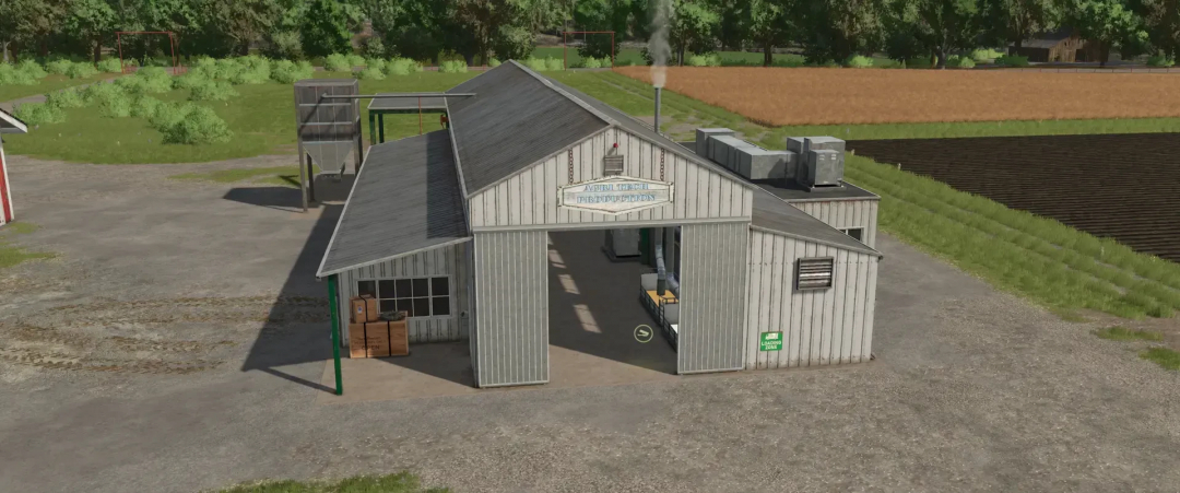 Agri Tech Production mod for FS25, featuring a large barn with machinery, surrounded by fields and trees.