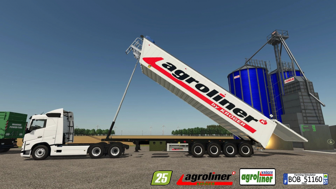 Agroliner trailer mod v1.0.0.0 for Farming Simulator 25, featured beside a white truck with grain silo in the background.