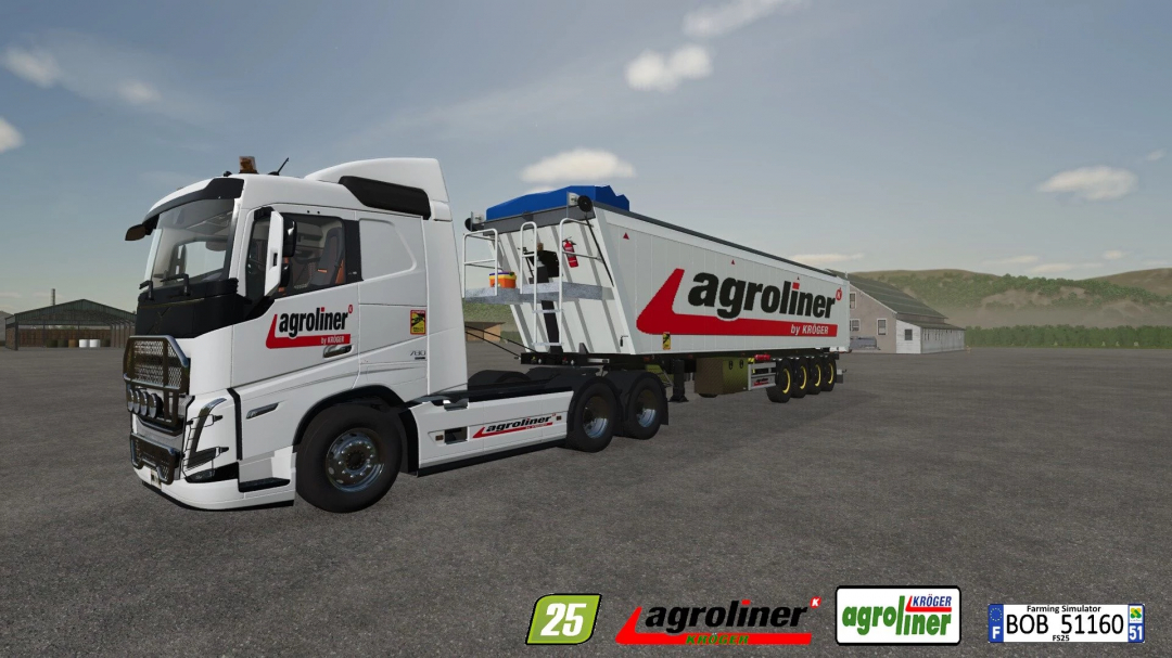 FS25 mod showcasing the Agroliner trailer v1.0.0.0 attached to a white truck in Farming Simulator 25.