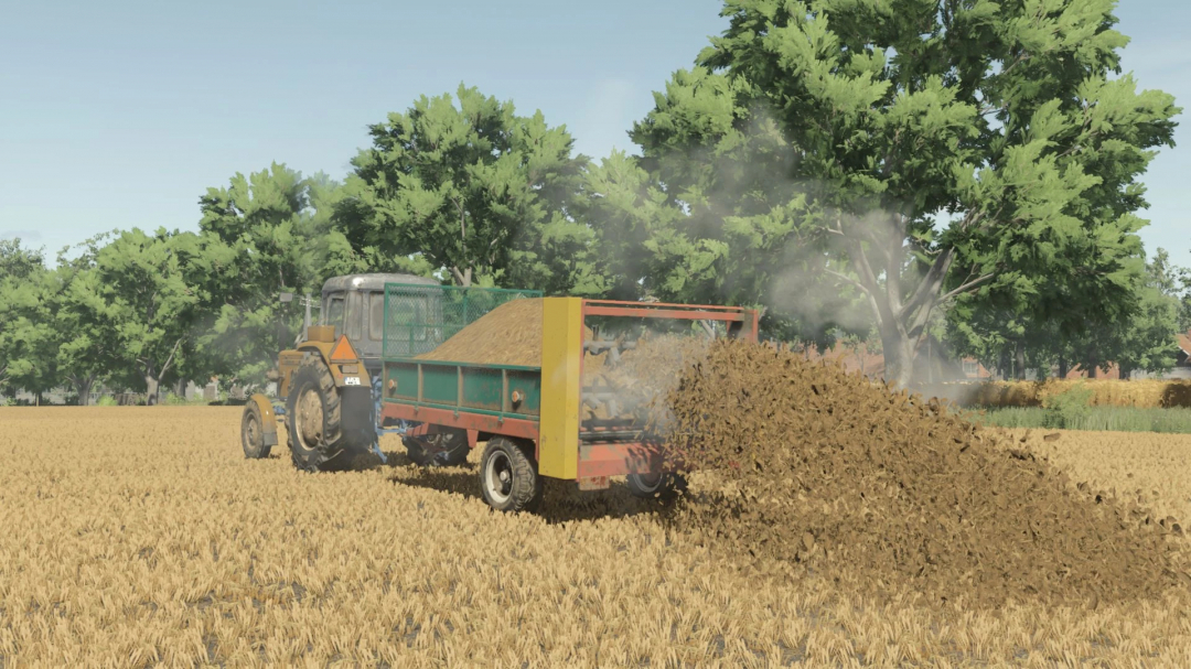 FS25 mod Agromet Warfama N-237/1 spreading manure on a field in Farming Simulator 25.