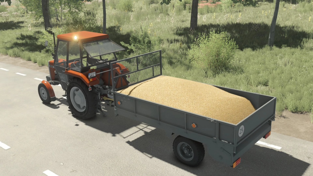 FS25 mod Agromet Warfama N-237/1 v1.0.0.0 trailer loaded with grain on a rural road.