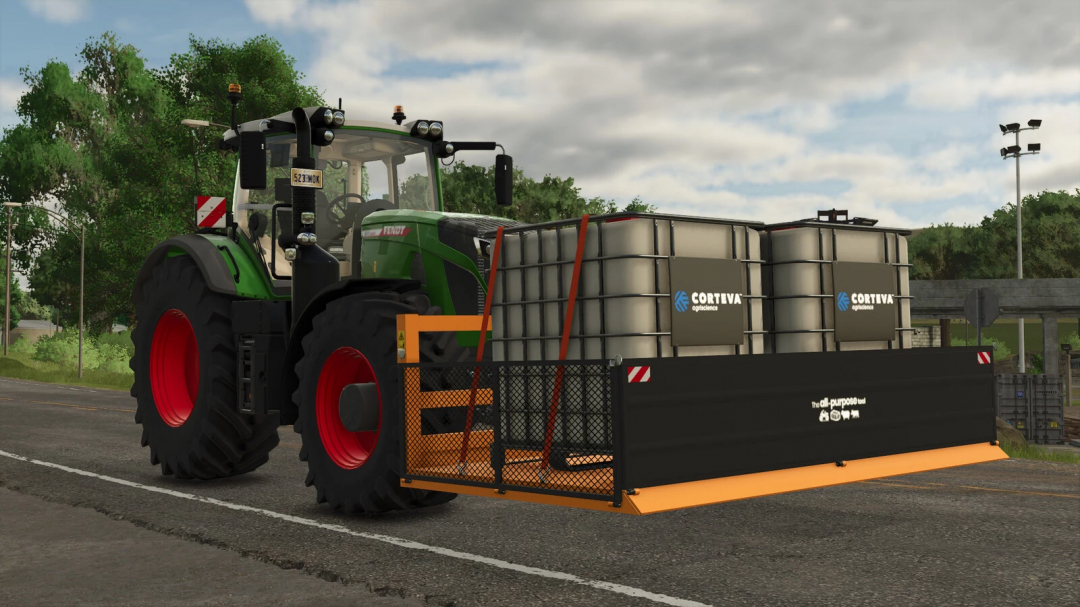 FS25 mod All Purpose Tool v1.0.0.0 with a tractor attached to a tool carrying large containers on a rural road.