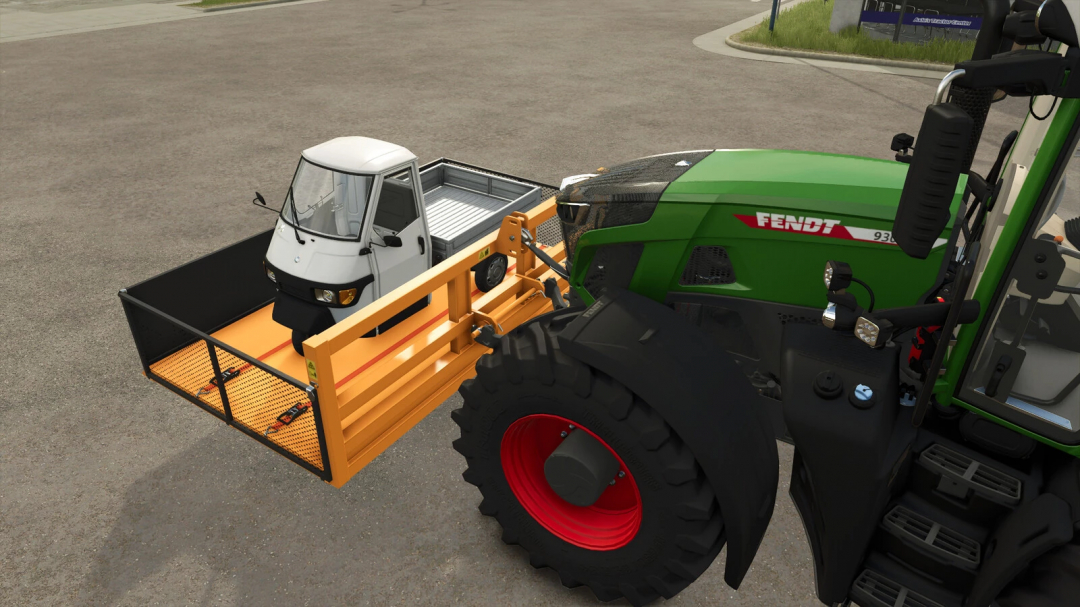 Farming Simulator 25 mod showing a green tractor with an All Purpose Tool carrying a small white vehicle.