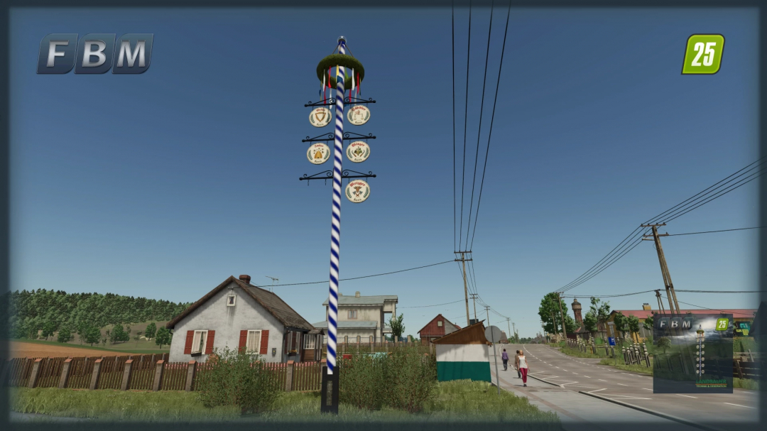 FS25 mods: Bavarian Maypole DE in Farming Simulator 25, depicting a traditional maypole in a village setting.