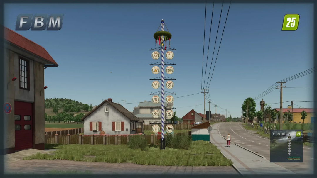 FS25 Bavarian Maypole mod in a rural village setting.