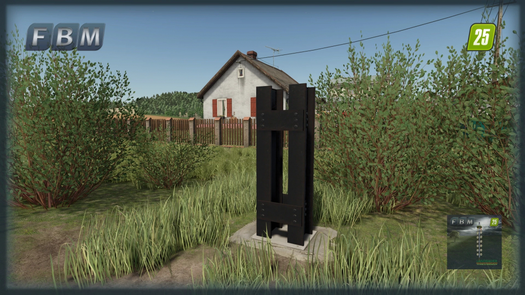 Bavarian Maypole mod in FS25 near a rural house, surrounded by bushes.