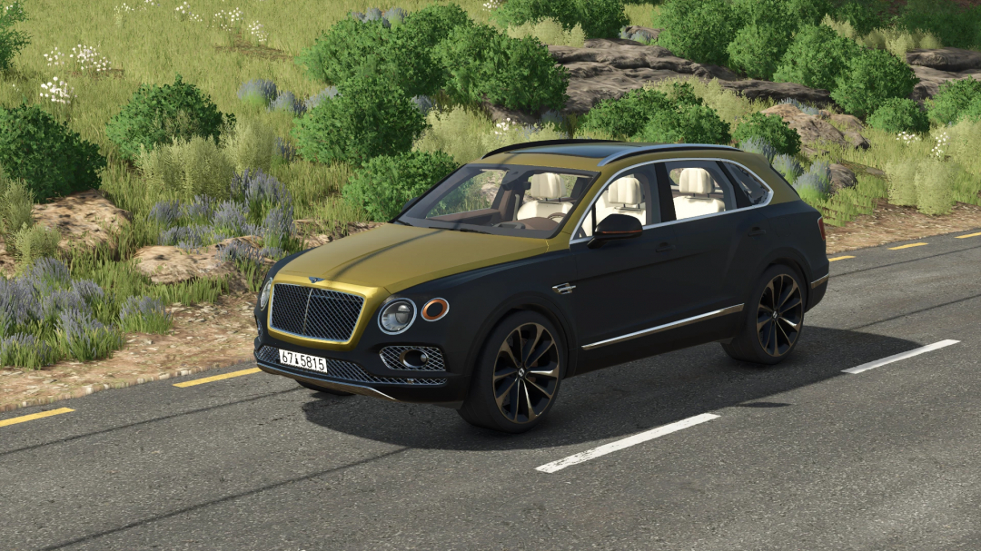 Bentley Bentayga mod in Farming Simulator 25, displaying a luxury SUV on a road surrounded by greenery.