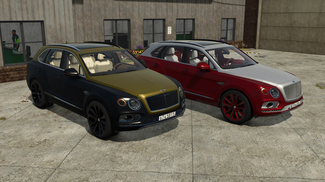 Two Bentley Bentayga SUVs in custom colors parked outside in FS25 mod.