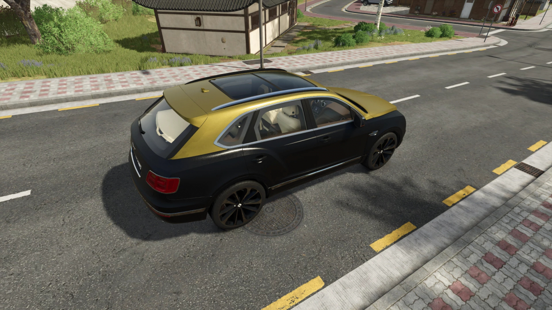 Bentley Bentayga mod for Farming Simulator 25 featuring black and gold design, parked on urban road.