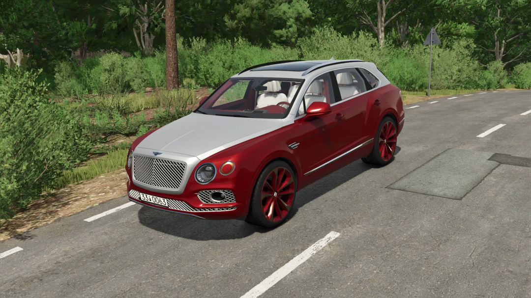 Bentley Bentayga mod in FS25, red and silver SUV on a road with greenery.