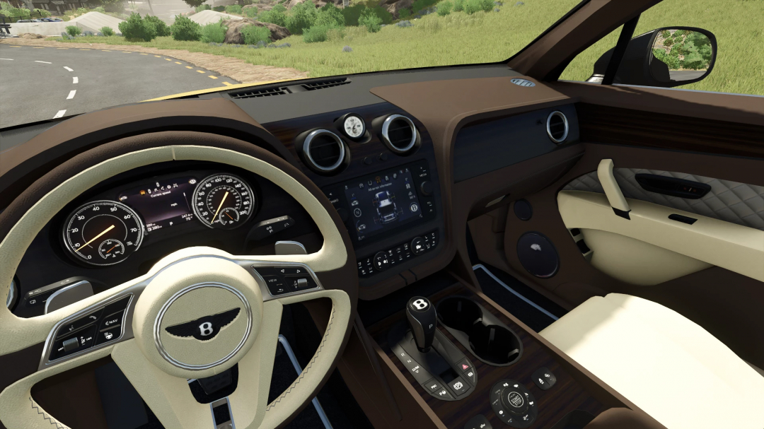 Interior view of Bentley Bentayga mod in FS25, showcasing detailed dashboard and controls.