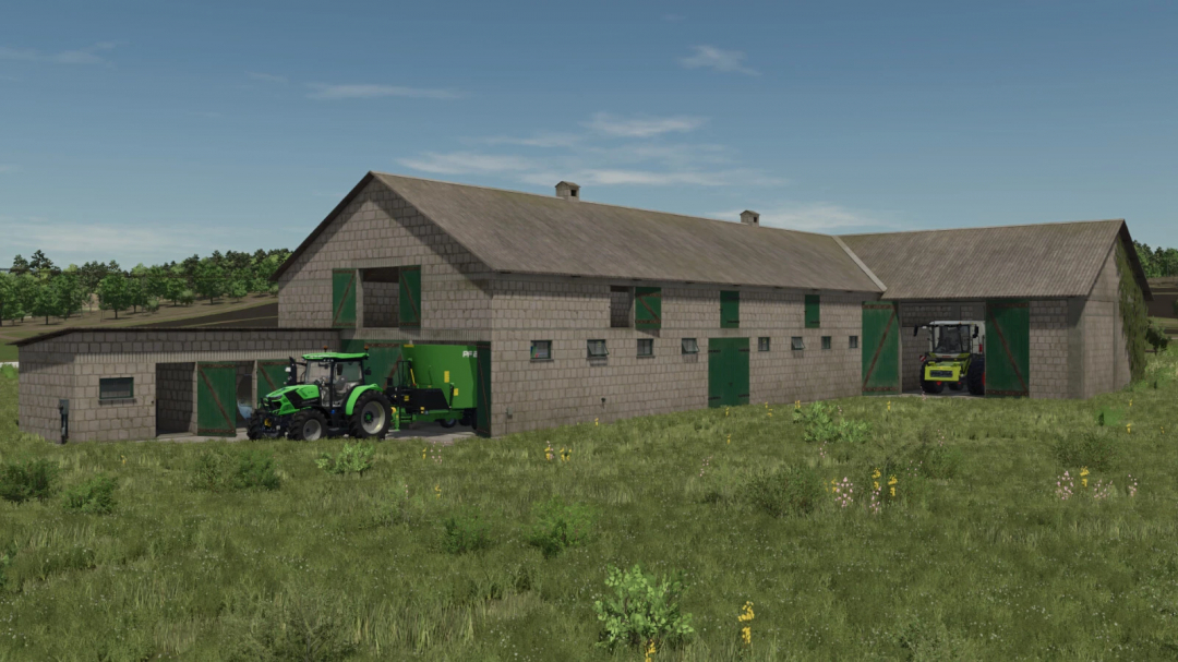 Big White Cow Barn mod in FS25 showing a large barn with tractors parked inside.