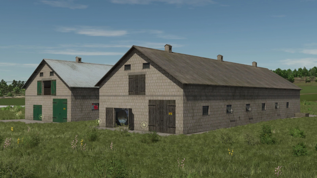 Big White Cow Barn mod in FS25, showing two large stone barns in a grassy landscape.