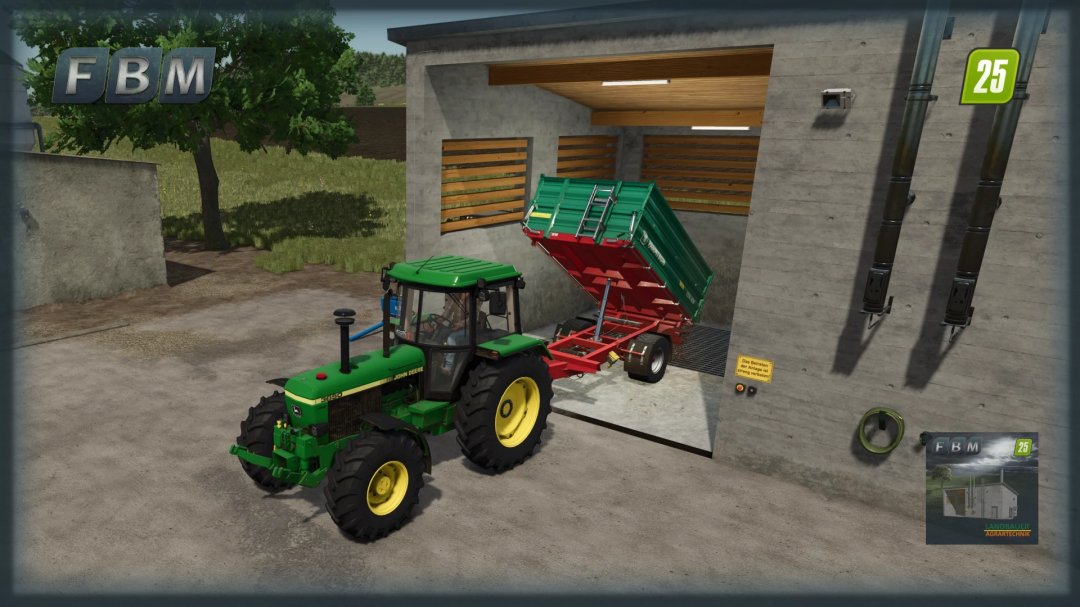 FS25 mod Biomass Power Plant features a tractor tipping green trailer in a utility building yard.