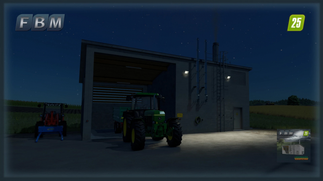 FS25 mod Biomass Power Plant v1.0.0.0 at night, featuring tractor and building under a starry sky.