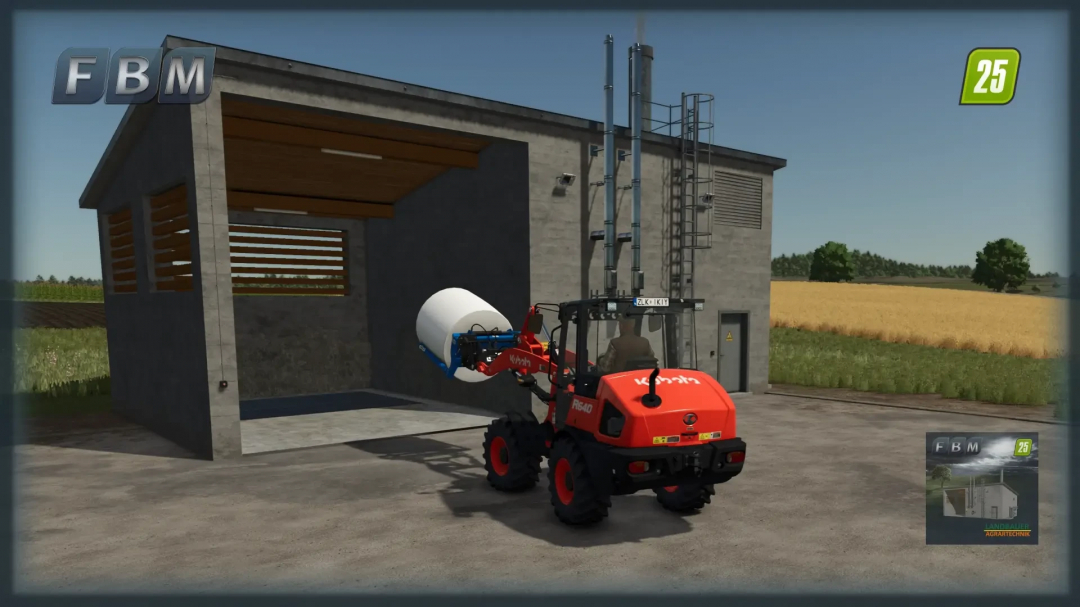 Farming Simulator 25 mod featuring a biomass power plant with a red loader transporting materials.