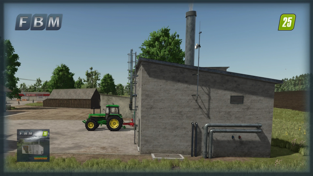 FS25 mod Biomass Power Plant with tractor, showcasing sustainable energy feature in Farming Simulator 25.