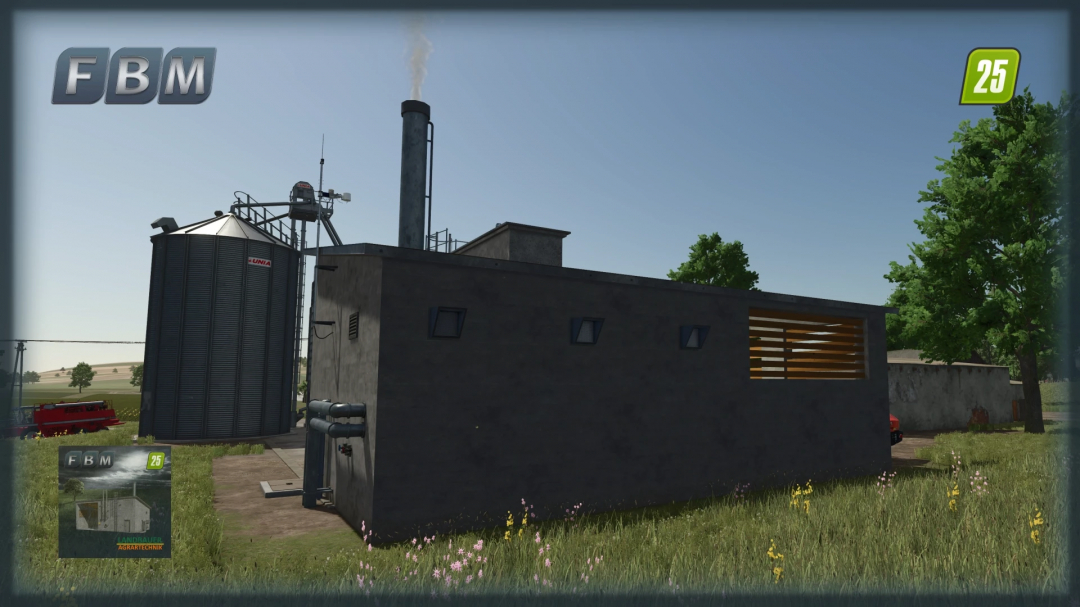 Biomass Power Plant mod in FS25 showcasing a modern facility with a silo and chimney.