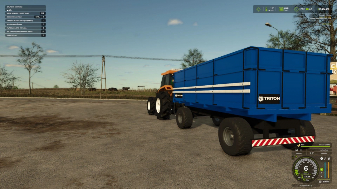 FS25 mod CARRETA TRITON v1.0.0.0 showing a blue trailer hitched to a tractor in Farming Simulator 25.