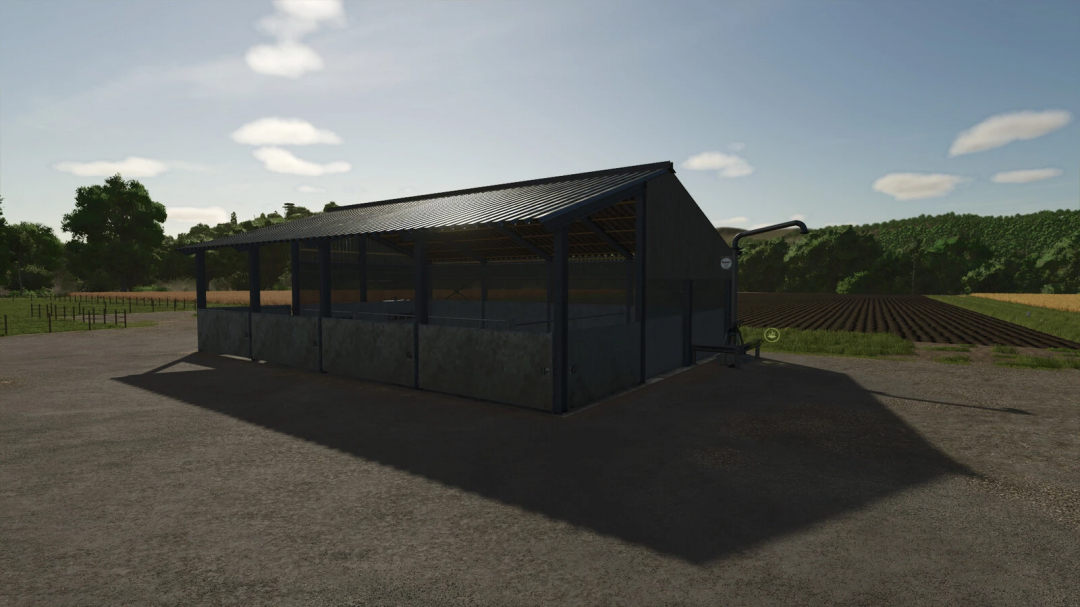 A calf barn mod in FS25, featuring a modern shed in a rural farm setting.