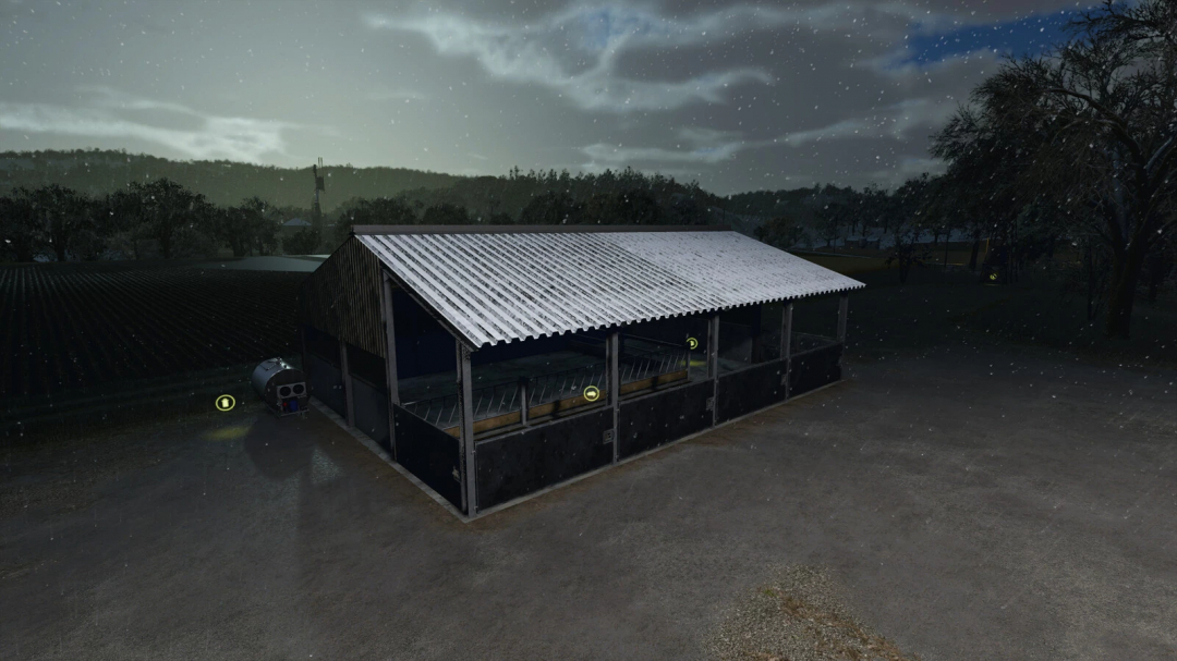 Calf Barn FS25 mod with snowfall in Farming Simulator 25.