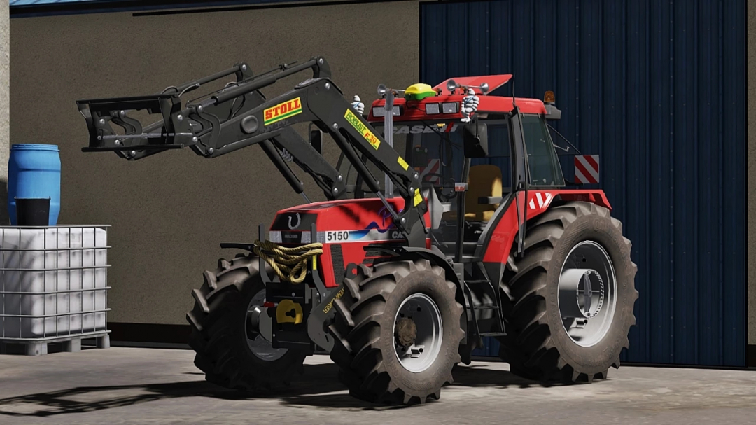 FS22 mod Case IH Maxxum 5100 Series tractor with front loader parked in front of a barn in Farming Simulator 22.