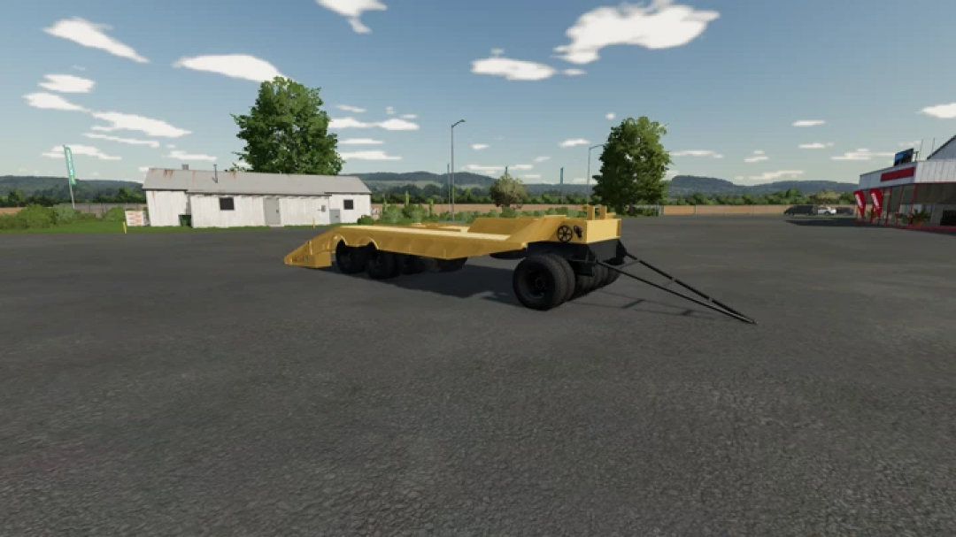 ChMZAP 5208 lowboy trailer mod in FS22, parked on a paved area, with trees and buildings in the background.