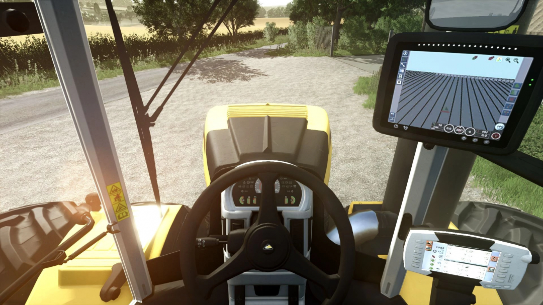 Interior view of Challenger MT900E mod in FS25, showing steering wheel and control screens.