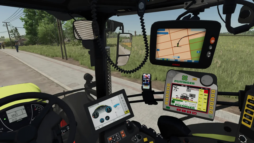 Interior of Claas AXION 870-800 in FS25 mod showing control panels and screens.