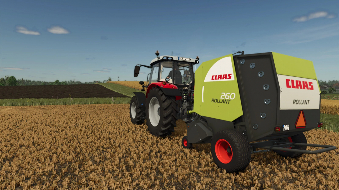 FS25 mod Claas Rollant 66/260 baler on a field, showcasing Farming Simulator 25 equipment.