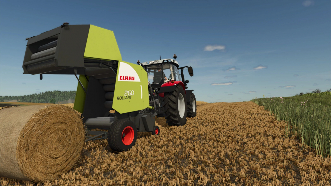 Claas Rollant 66/260 baler mod in FS25, creating hay bales in a field.