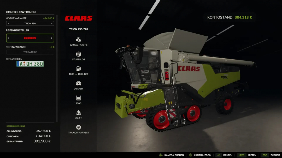 Claas Trion 720-750 in FS25 mod selection screen with specifications and pricing.