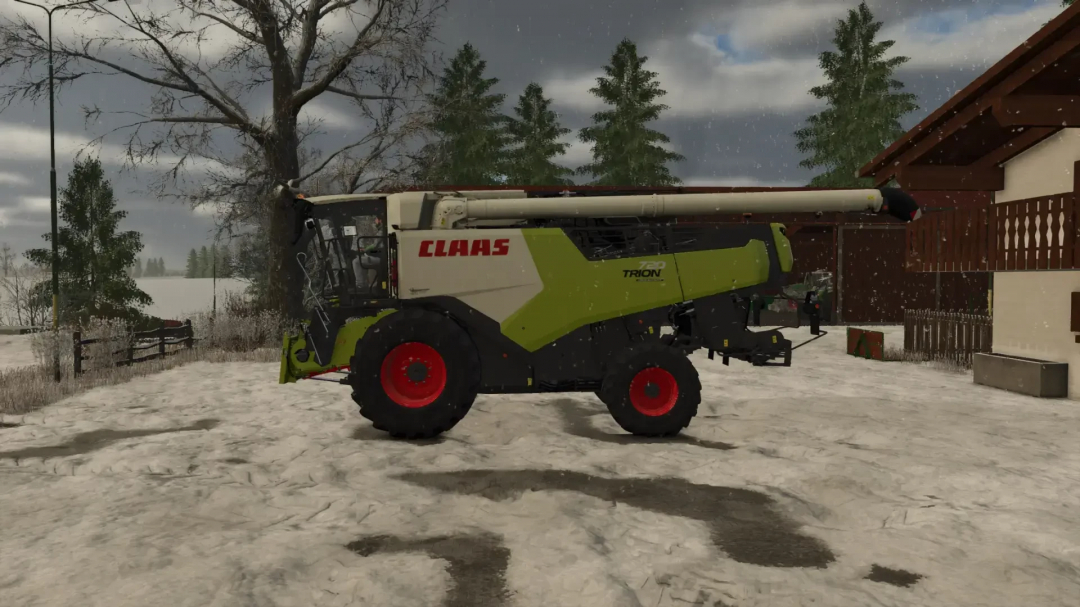 FS25 Claas Trion 720-750 mod pack v1.2.0.0 showcasing a harvester in a snowy farm setting.