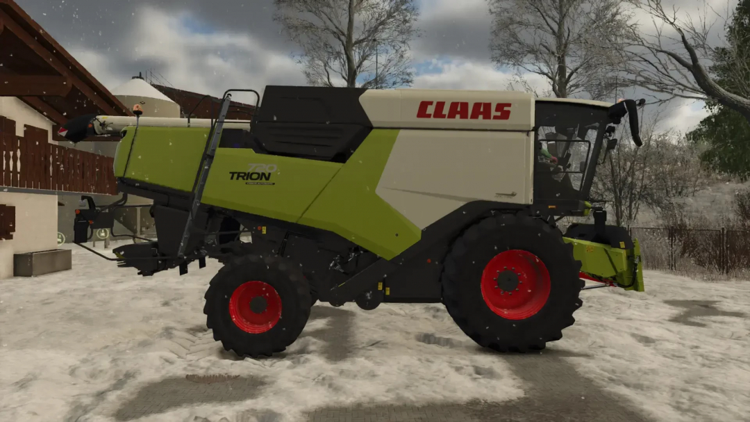 Claas Trion 720-750 combine in FS25 mod, snow-covered scenery.