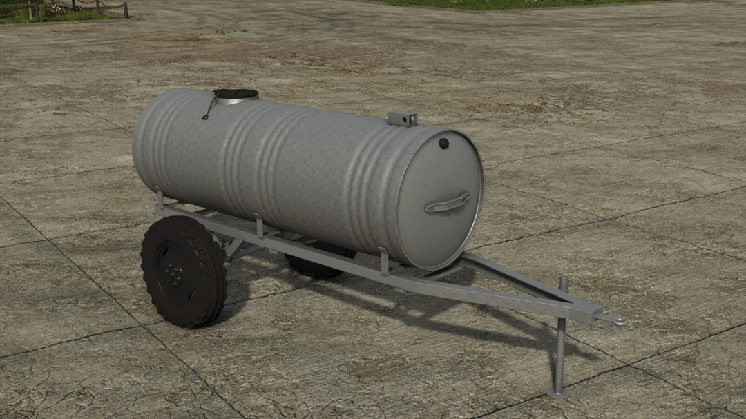 FS25 mod Classic Barrel v1.0.0.0, a metal barrel trailer on concrete surface.