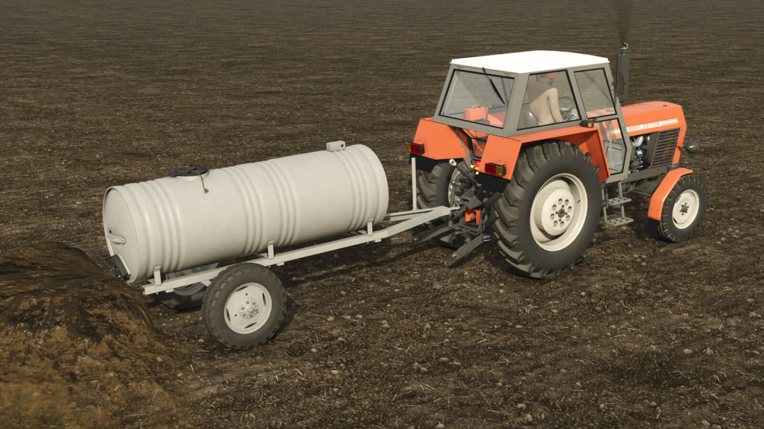 FS25 mods Classic Barrel v1.0.0.0 showing a tractor pulling a gray barrel trailer on a field.