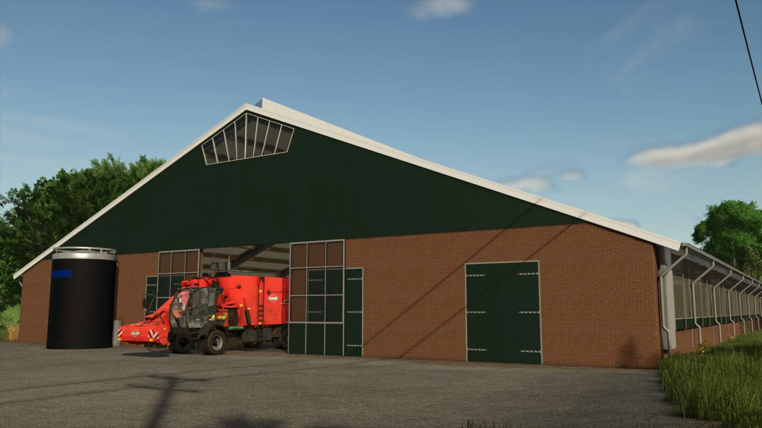 FS25 mod Cowshed 3+3 v1.1.0.0 features a large agricultural building with brick and green metal façade, and a parked red agricultural machine.