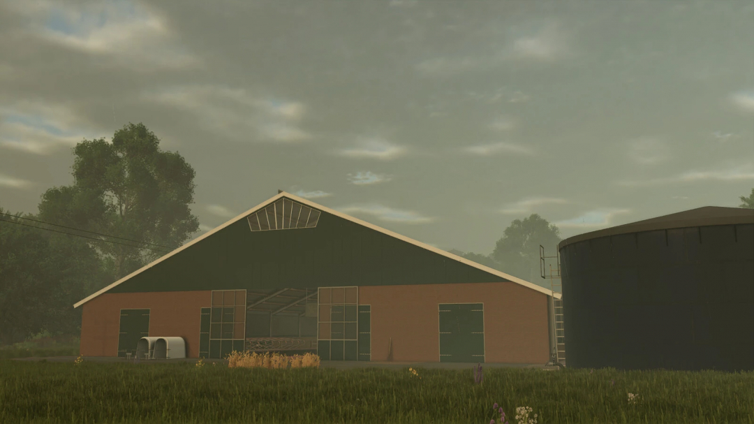 Cowshed 3+3 mod in FS25 with a barn and silo under a cloudy sky.