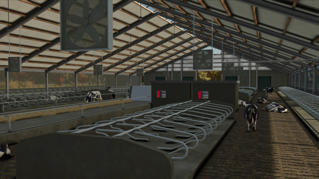 Interior view of the Cowshed 3+3 mod in FS25, featuring spacious stalls and multiple cows in a well-lit barn.