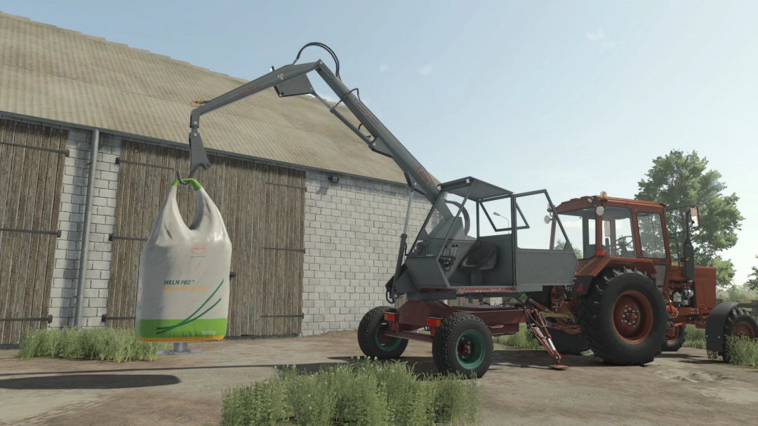 Cyklop T214 mod in Farming Simulator 25 lifting a large bag near a barn. FS25 mods enhance gameplay realism.