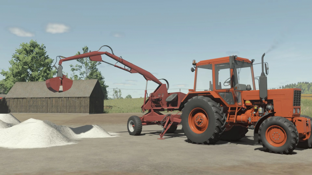 FS25 mod Cyklop T214 in action with tractor and mechanical arm lifting materials.