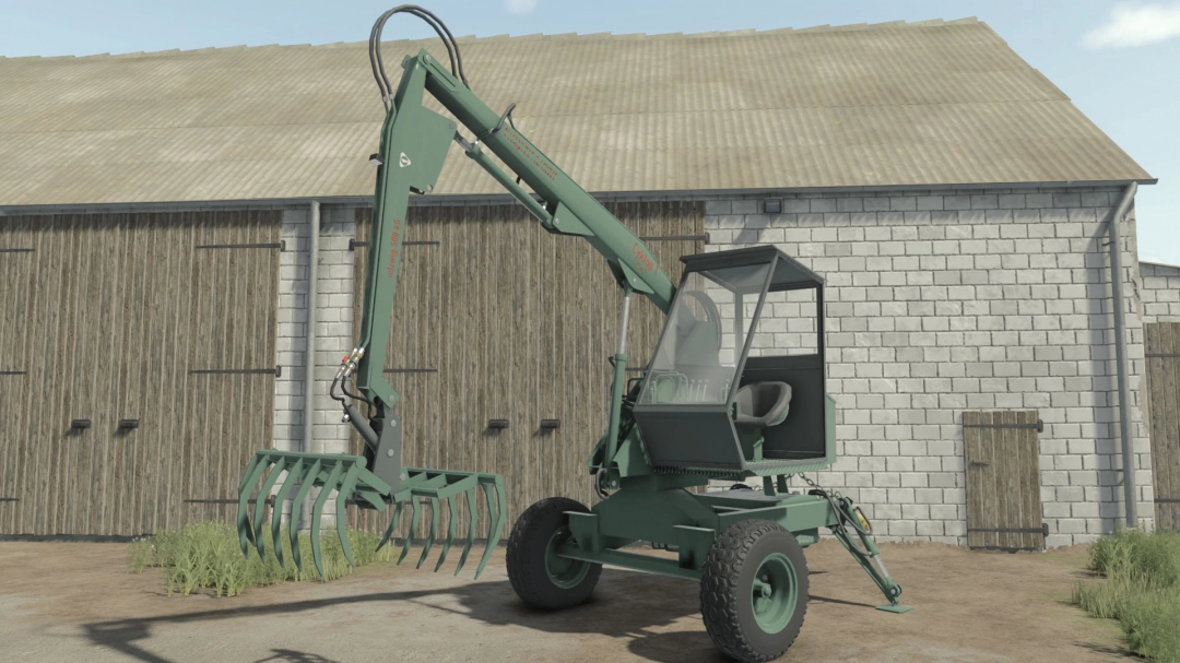 Cyklop T214 forestry mod in FS25 game, displayed in front of a barn.