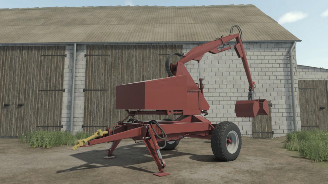 Cyklop T214 mod in FS25, featuring a red loading crane in front of a farm building.