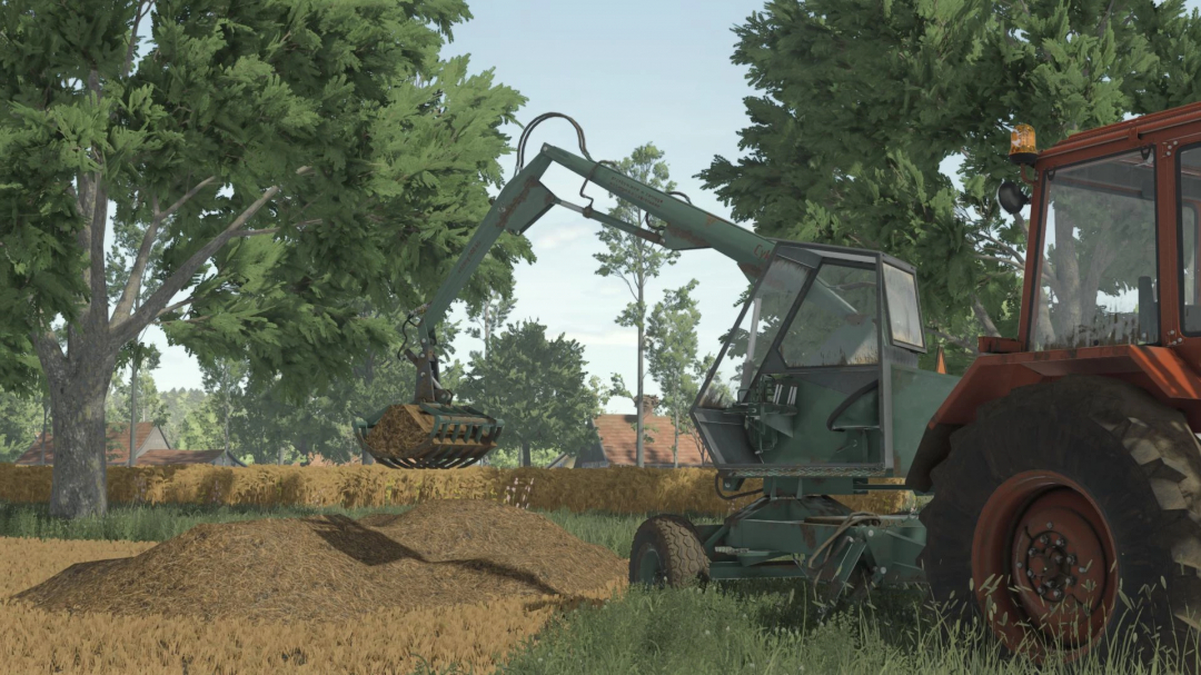 FS25 mod Cyklop T214 v1.0.0.0 lifting hay on a farm with trees in the background.