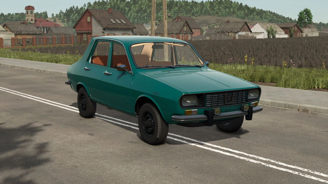 Dacia 1300 mod for FS25 parked on a rural road, enhancing Farming Simulator 25 gameplay.