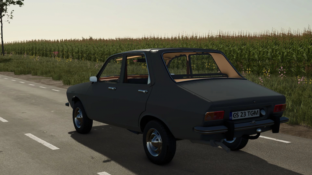 FS25 mod Dacia 1300 v2.0.0.0 parked on a road by a cornfield in Farming Simulator 25.