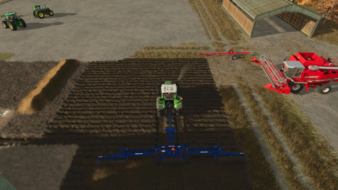 FS25 mod Dalbo PowerRoll 1230 in action, showing a tractor rolling field next to farm equipment.