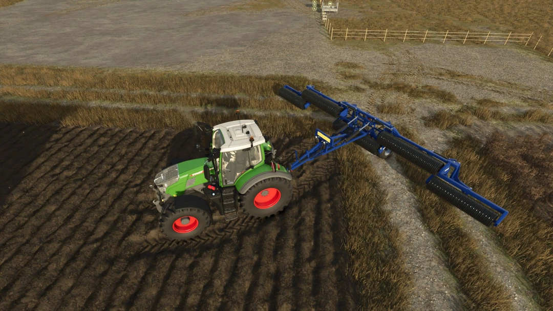 Farming Simulator 25 mod showing a green tractor using the Dalbo PowerRoll 1230 in a field. FS25 mods enhance gameplay realism.