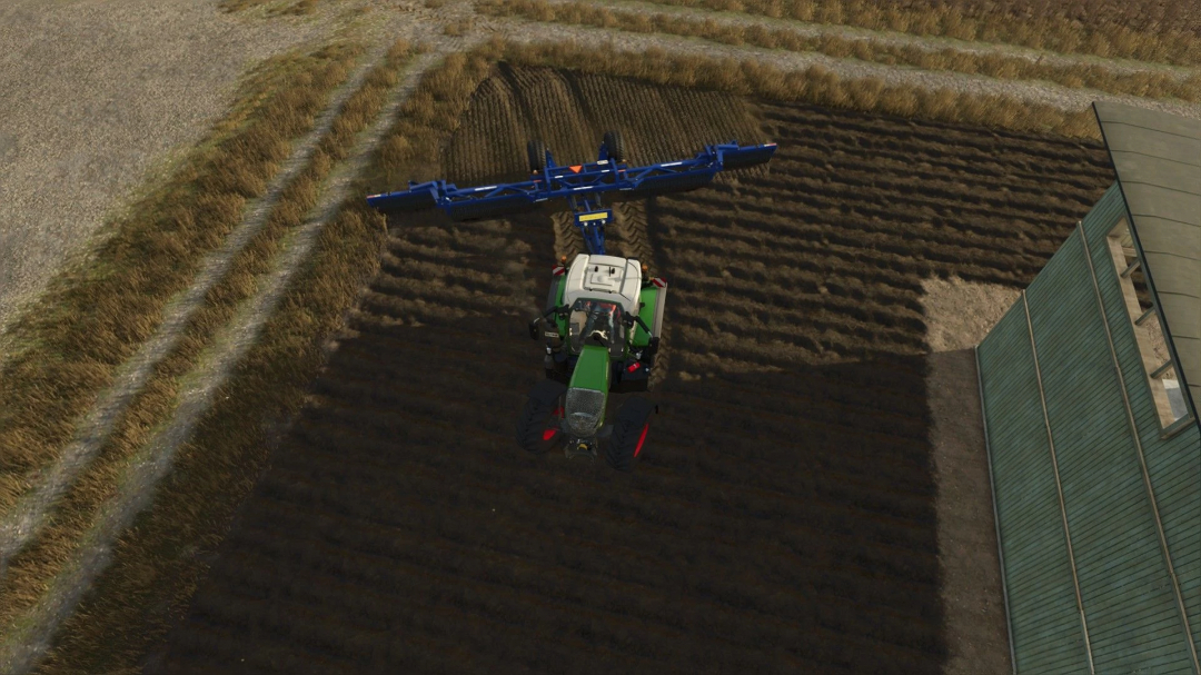 Dalbo PowerRoll 1230 mod in FS25, depicting a tractor rolling farmland.